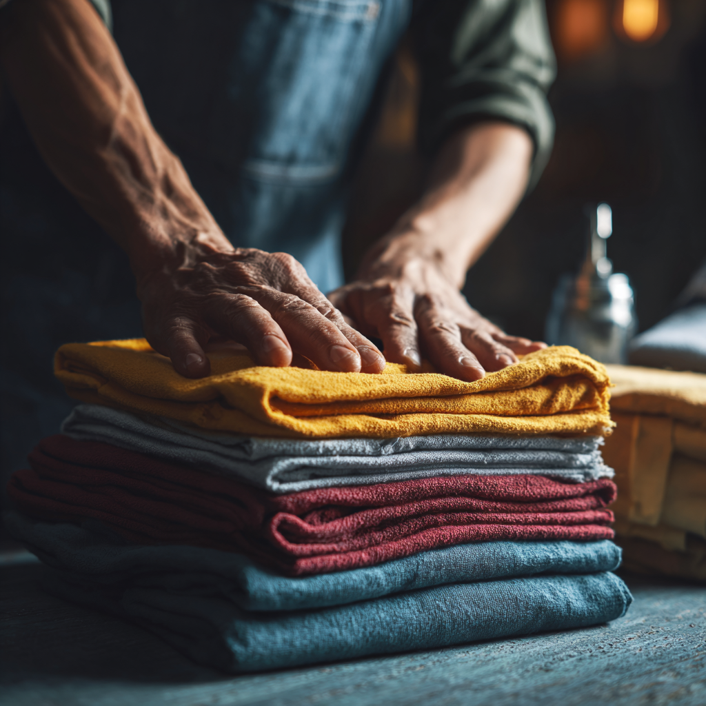 detainy záber oblečenia poskladaného na kopke po chemickom čistení